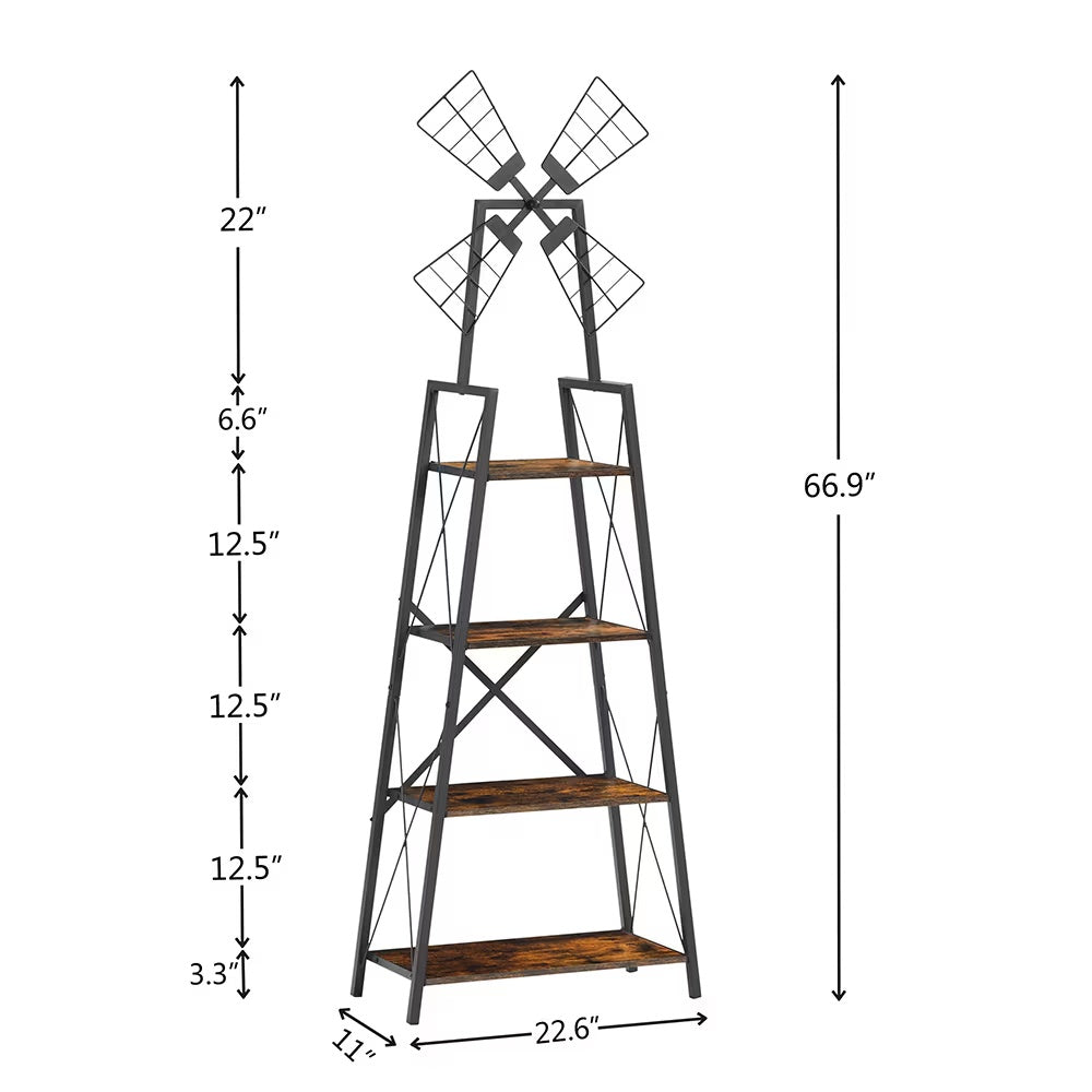 4-Tier Bookshelf,Display Storage Shelves With Metal Frame,Bookcase Organizer With Windmill For Living Room,Home Office